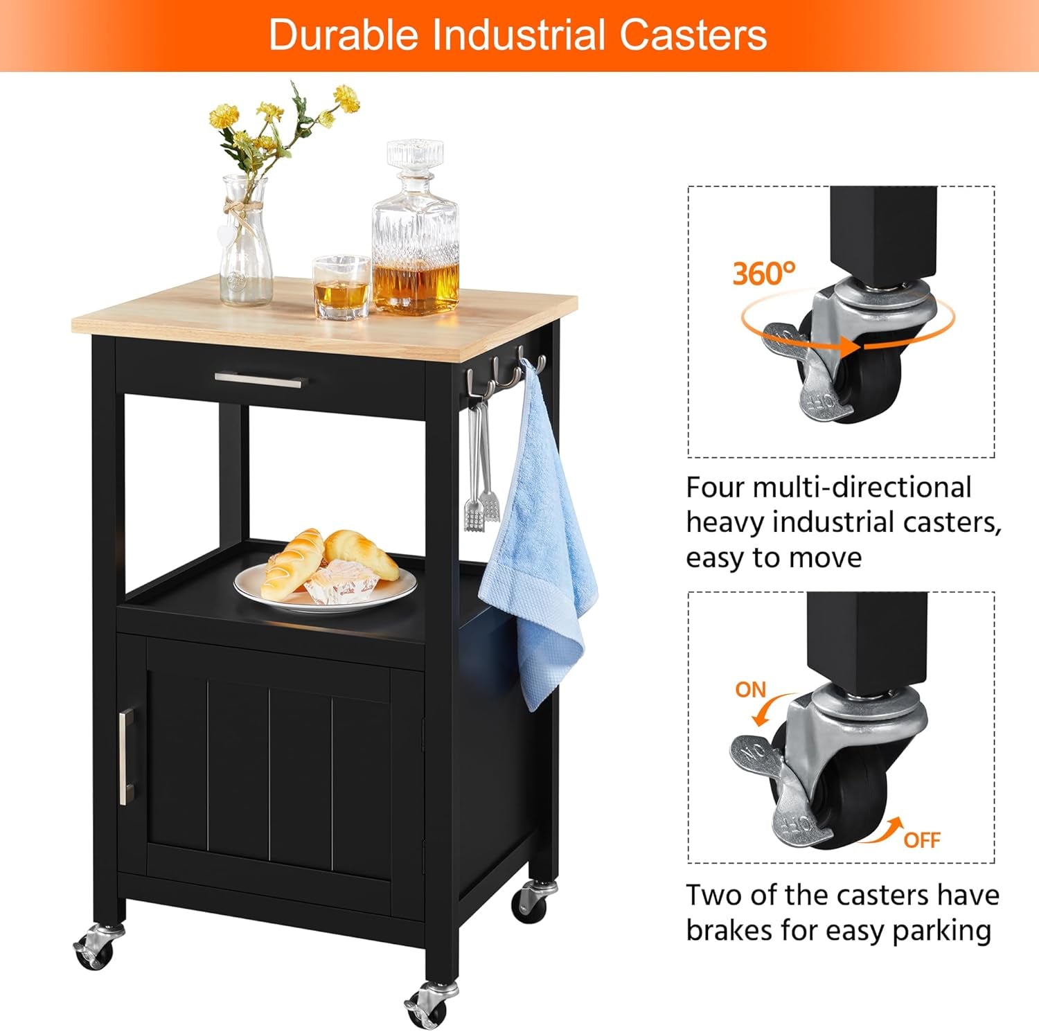 Yaheetech Kitchen Island Cart with Storage, Rolling Kitchen Island on Wheels with 6 Side Hooks, Wood Top Microwave Cart with Drawer for Dining Room, Black