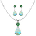 Jewelry Set for Women, Natural Pear Shaped 7X5Mm Opal and 3Mm Created Emerald Pendant Necklace and Matching Pear Shaped Opal and Emerald Stud Earrings