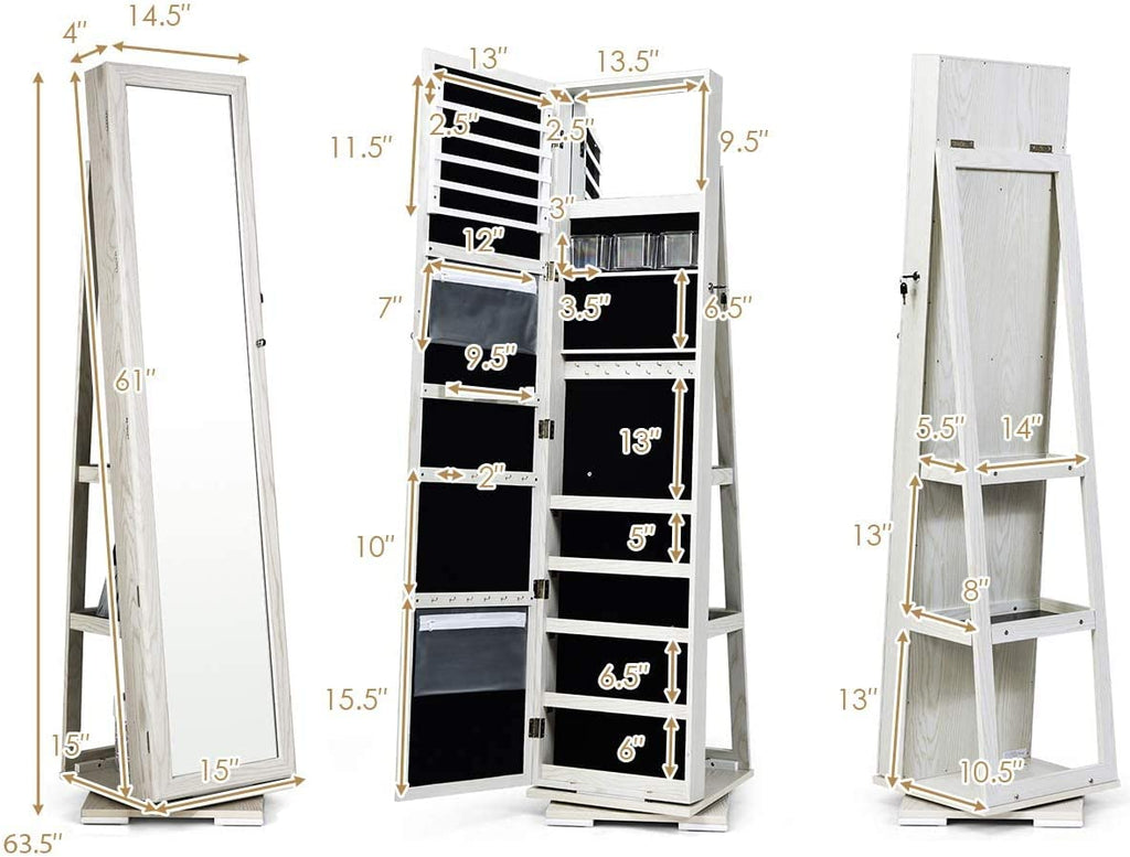 360° Swivel Jewelry Armoire with Higher Full Length Mirror & inside Makeup Mirror, Standing Lockable Jewelry Cabinet Organizer, Large Capacity, Back Storage Shelves (Grayish White)