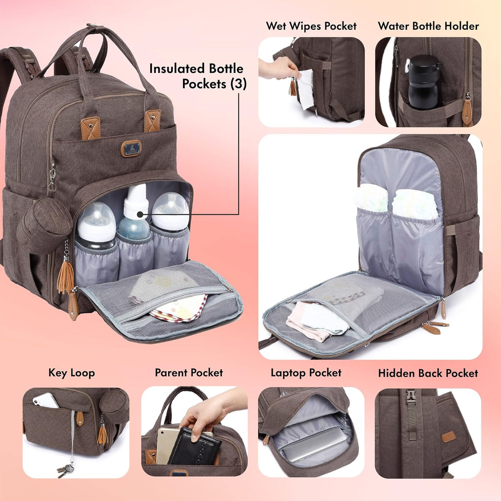 Diaper Bag Backpack with Portable Changing Pad, Pacifier Case and Stroller Straps, Large Unisex Baby Bags for Boys Girls, Multipurpose Travel Back Pack Moms Dads, Brown