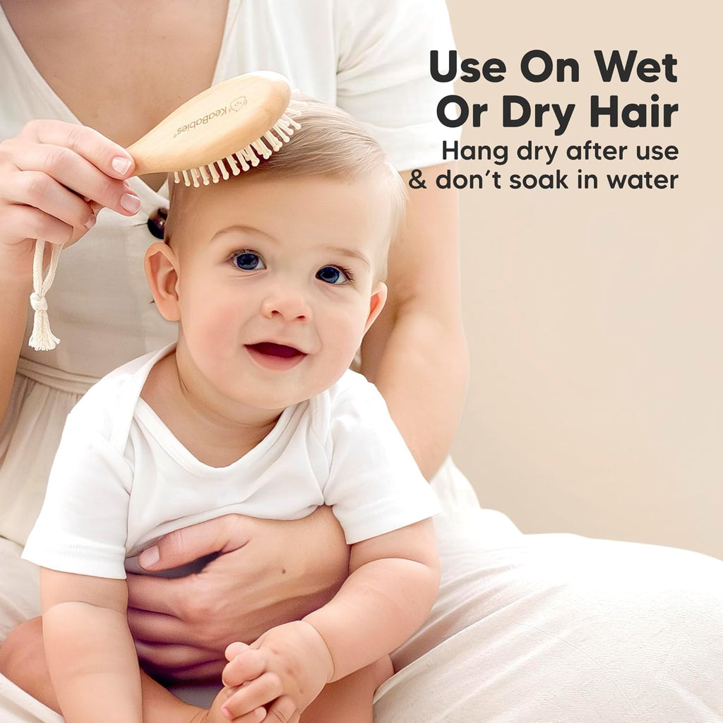 Wooden Baby Hair Brush Set for Newborns, Toddlers - Soft Goat Bristle Baby Brush and Comb Set Newborn Grooming Kit for Cradle Cap Care, Durable & Gentle, Boy, Girl Infant Essentials (Regular, Walnut)