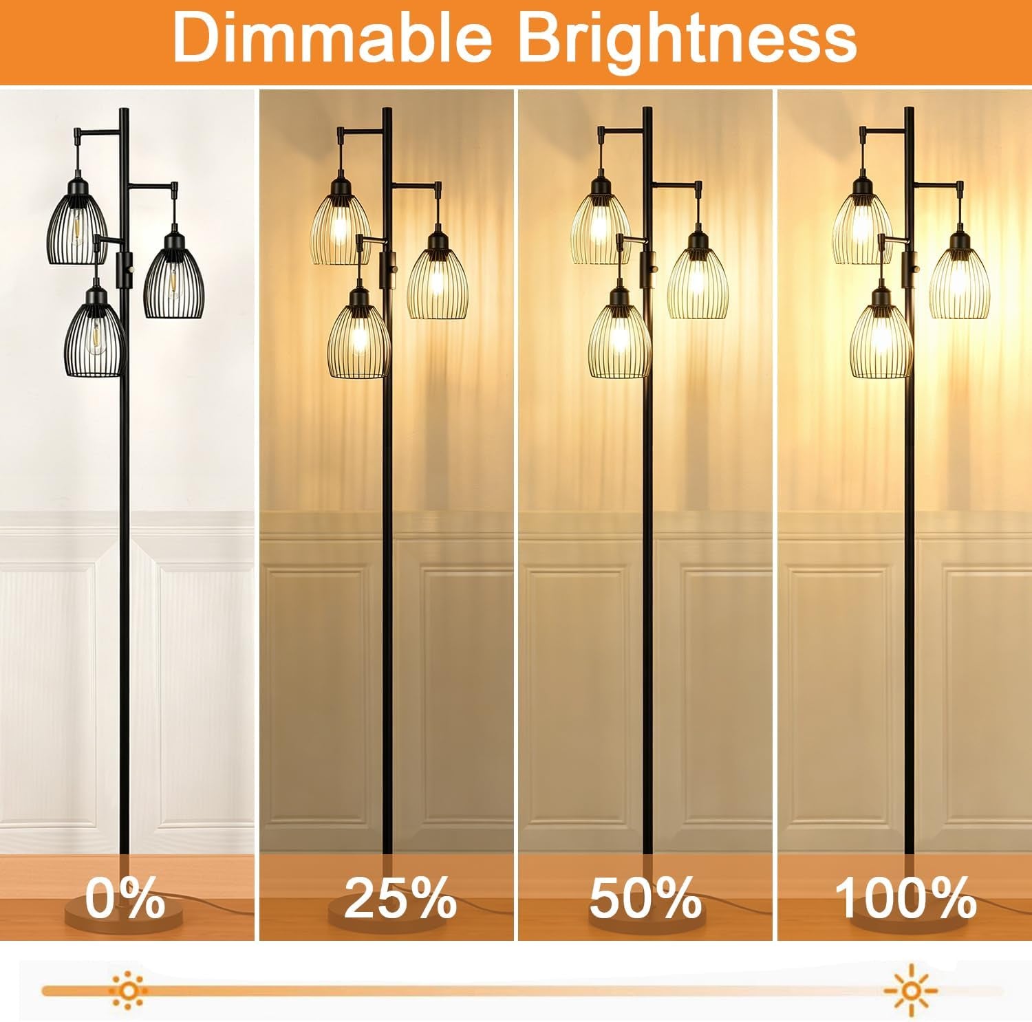68’’ Dimmable Floor Lamp, 3 X 800LM LED Edison Bulbs Included, Industrial Floor Lamps for Living Room, Rustic Tall Lamps Standing Lamp for Bedrooms Living Room