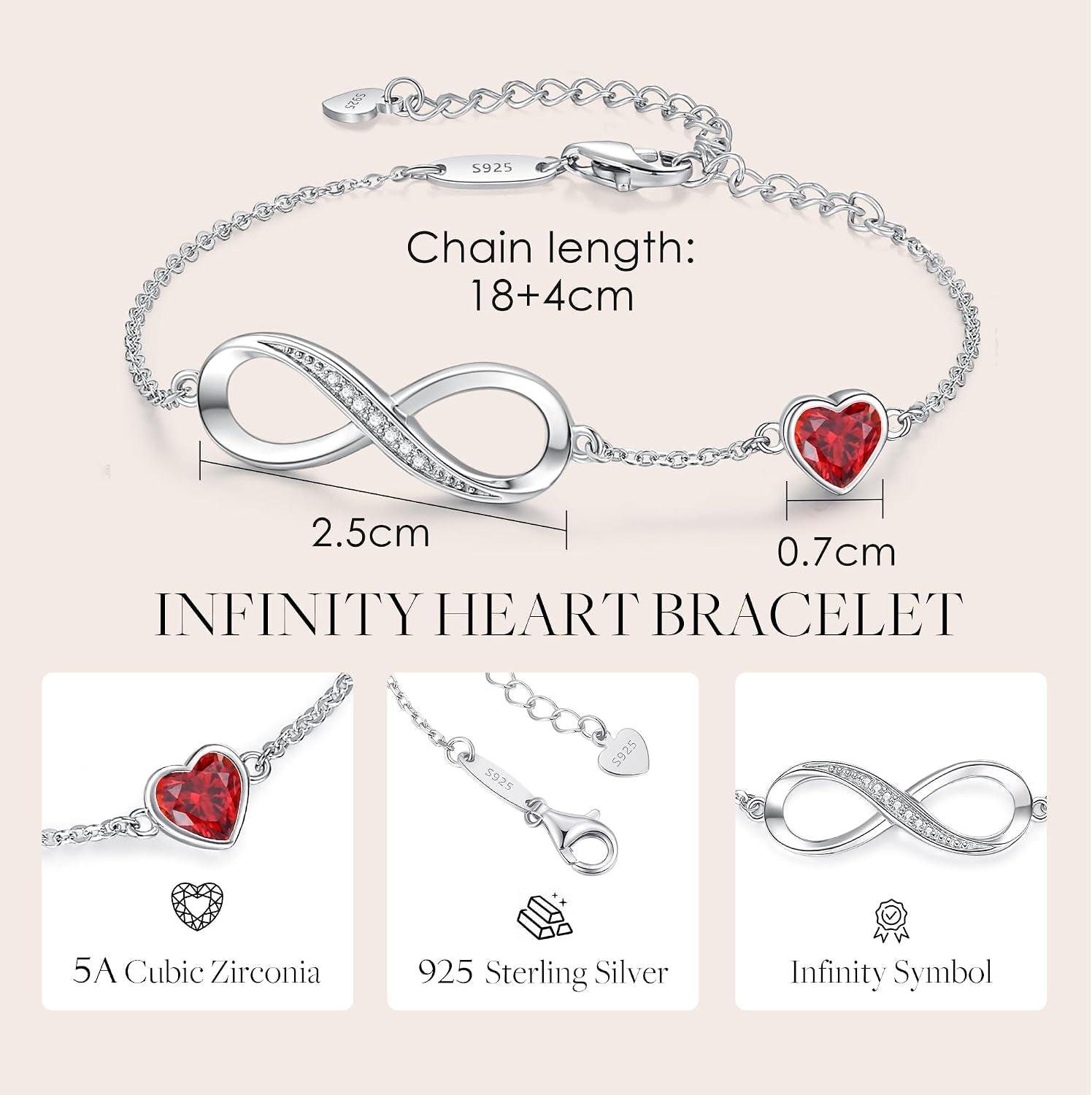 925 Sterling Silver Infinity Birthstone Bracelet Jewelry Gift for Women | Hypoallergenic,Non Tarnish,Heart Cz,Nickel-Free & Lead-Free,Anniversary Christmas Birthday Idea Gifts for Wife Girlfriend Her