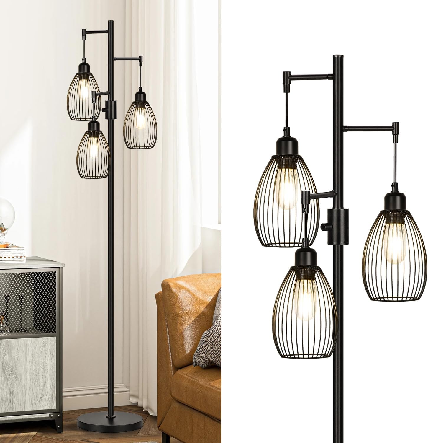 68’’ Dimmable Floor Lamp, 3 X 800LM LED Edison Bulbs Included, Industrial Floor Lamps for Living Room, Rustic Tall Lamps Standing Lamp for Bedrooms Living Room