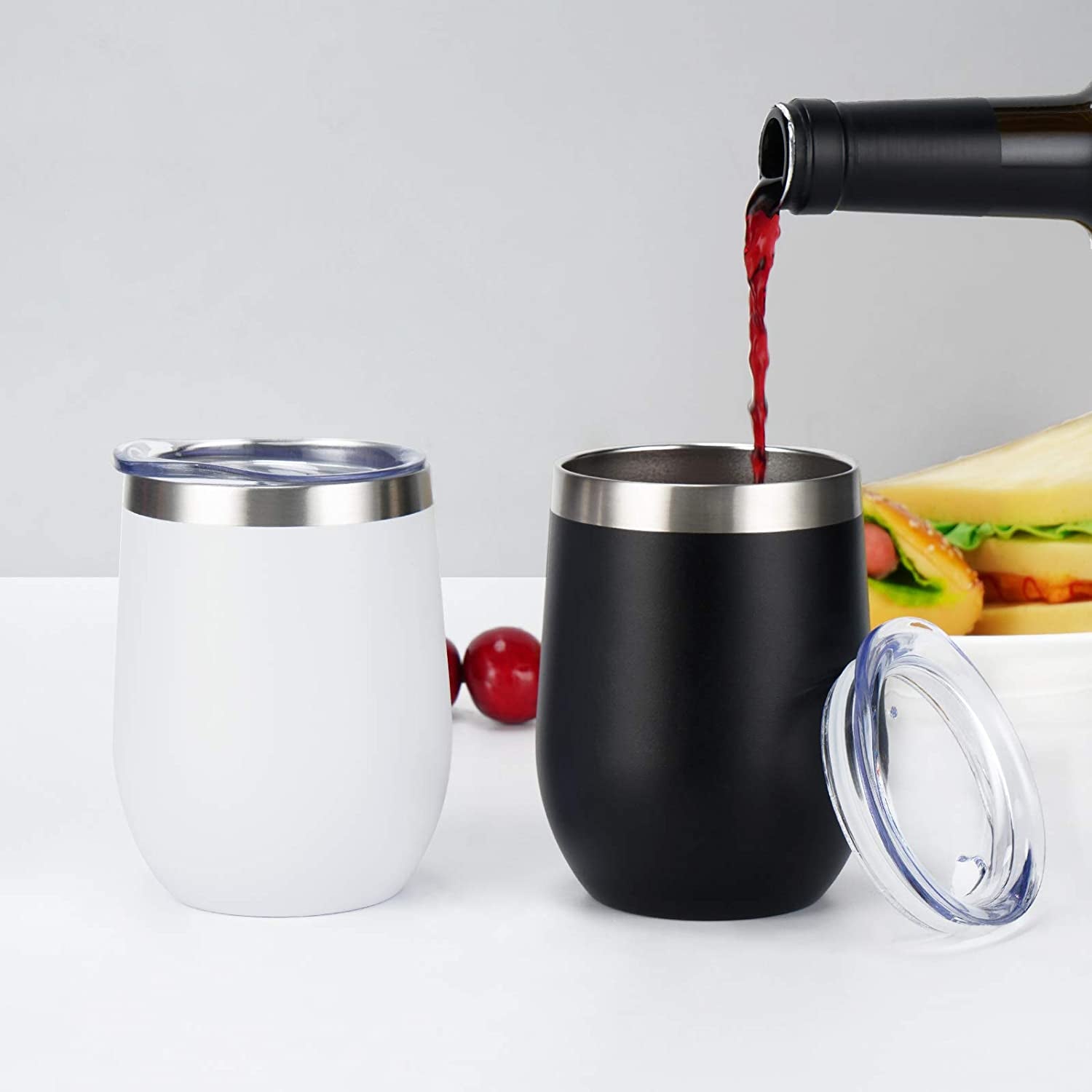 12 Pack Stainless Steel Wine Tumblers, 12Oz Double Wall Vacuum Insulated Wine Tumblers with Lids and Straws, Stainless Steel Stemless Wine Glasses for Coffee, Wine, Cocktails, Champaign, White…