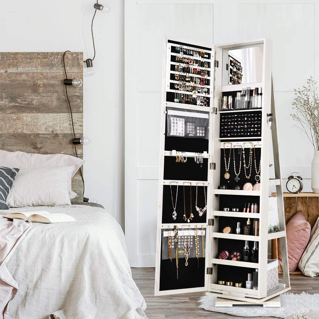 360° Swivel Jewelry Armoire with Higher Full Length Mirror & inside Makeup Mirror, Standing Lockable Jewelry Cabinet Organizer, Large Capacity, Back Storage Shelves (Grayish White)