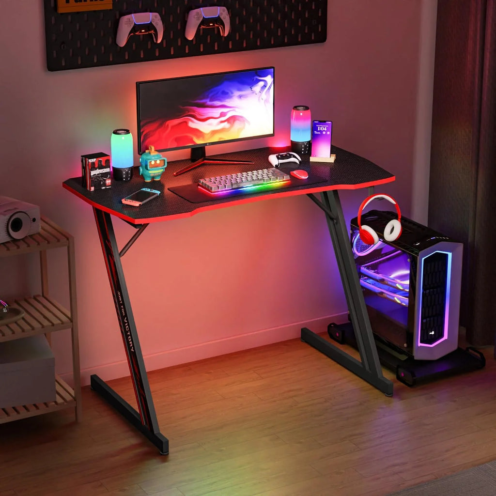39 Inch Z-Shaped Gaming Desk with Headphone Hook Sturdy with Spacious Desktop,Red
