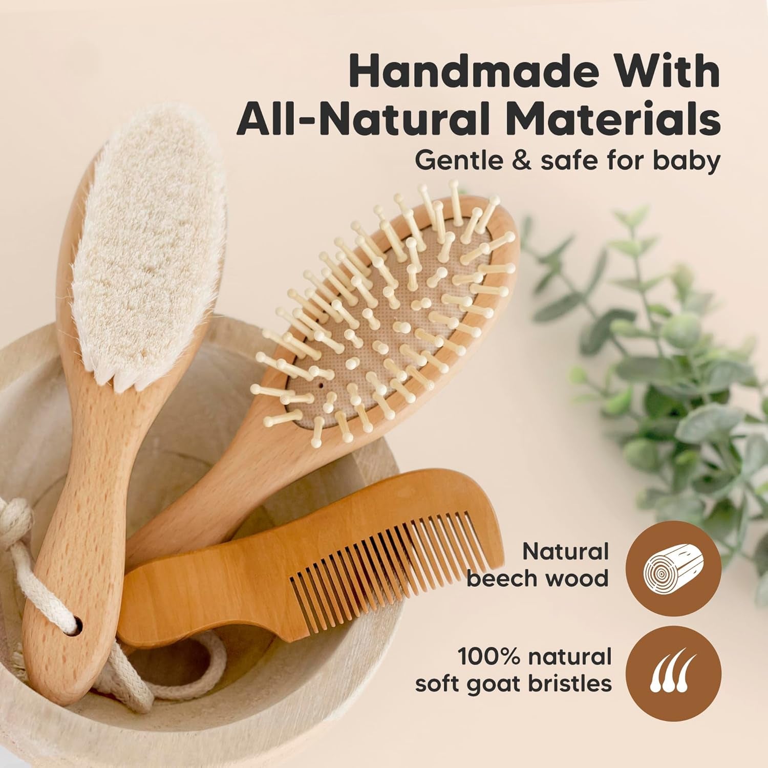 Wooden Baby Hair Brush Set for Newborns, Toddlers - Soft Goat Bristle Baby Brush and Comb Set Newborn Grooming Kit for Cradle Cap Care, Durable & Gentle, Boy, Girl Infant Essentials (Regular, Walnut)