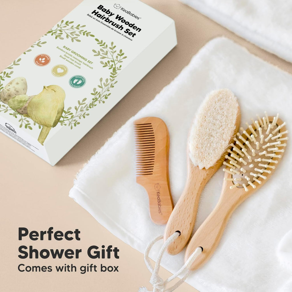 Wooden Baby Hair Brush Set for Newborns, Toddlers - Soft Goat Bristle Baby Brush and Comb Set Newborn Grooming Kit for Cradle Cap Care, Durable & Gentle, Boy, Girl Infant Essentials (Regular, Walnut)