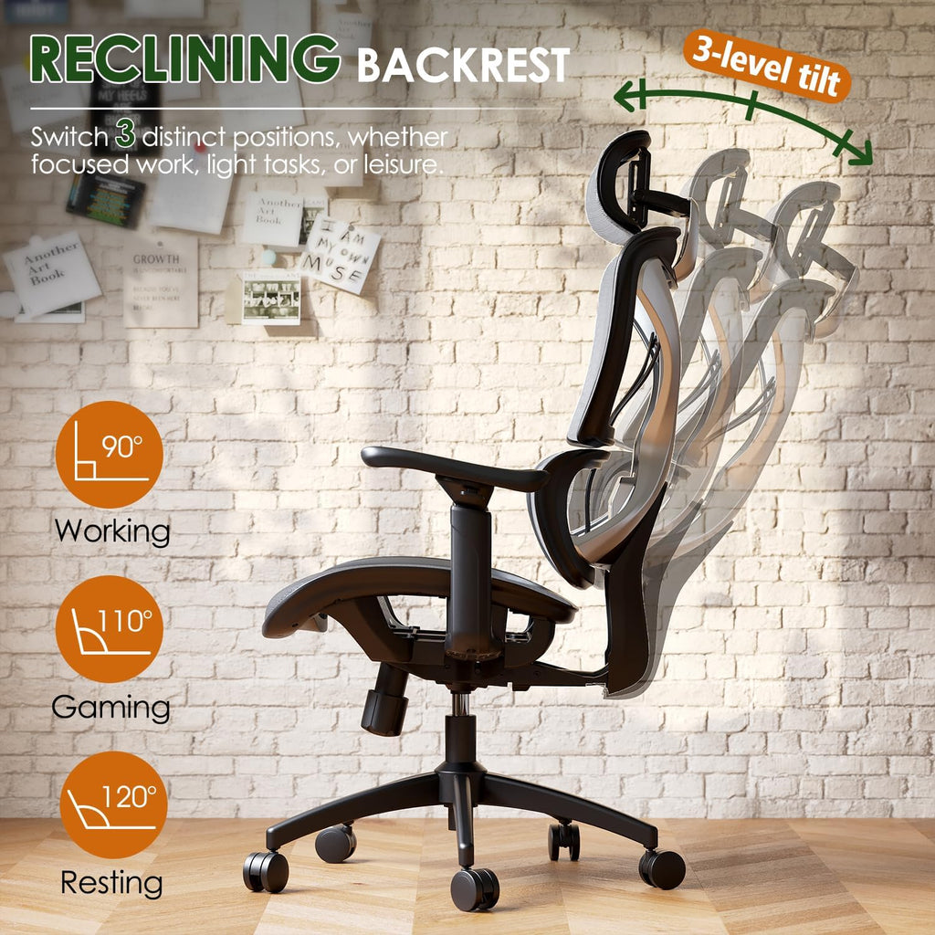 Ergonomic Office Chair, Big and Tall Mesh Chair with Lumbar Support, 3D Armrest - 215° Rotation, Adjustable Headrest & Soft Seat, Durable Desk Chair 350LBS for Work Gaming Computer,Grey