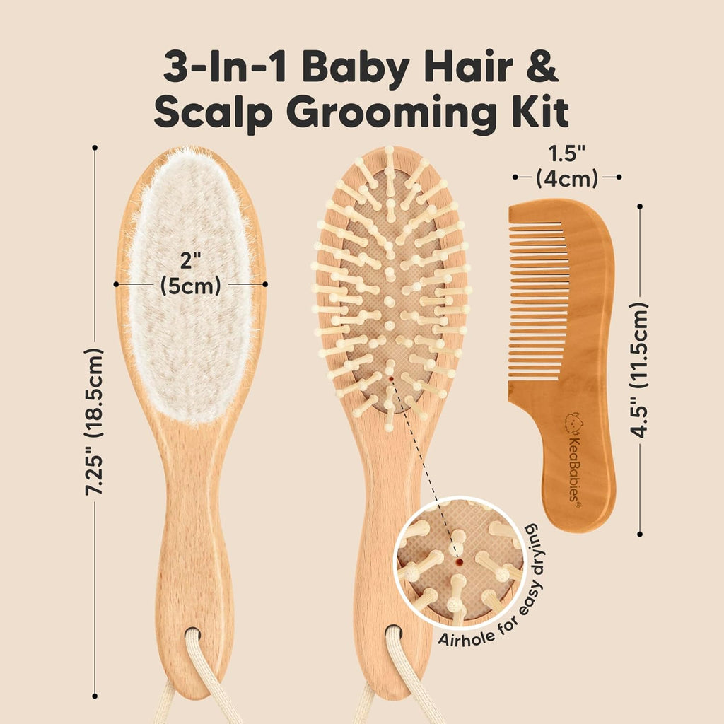 Wooden Baby Hair Brush Set for Newborns, Toddlers - Soft Goat Bristle Baby Brush and Comb Set Newborn Grooming Kit for Cradle Cap Care, Durable & Gentle, Boy, Girl Infant Essentials (Regular, Walnut)