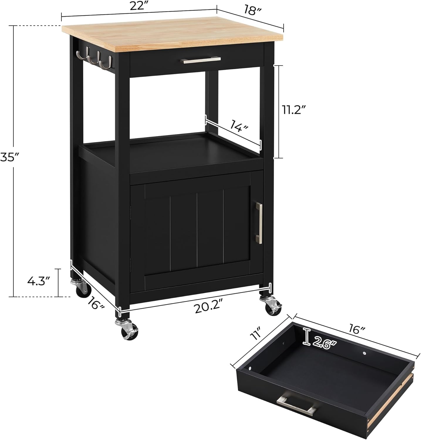 Yaheetech Kitchen Island Cart with Storage, Rolling Kitchen Island on Wheels with 6 Side Hooks, Wood Top Microwave Cart with Drawer for Dining Room, Black